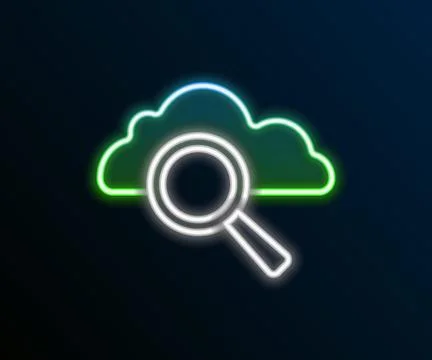 Glowing neon line Search cloud computing icon isolated on black background Illustrazione stock