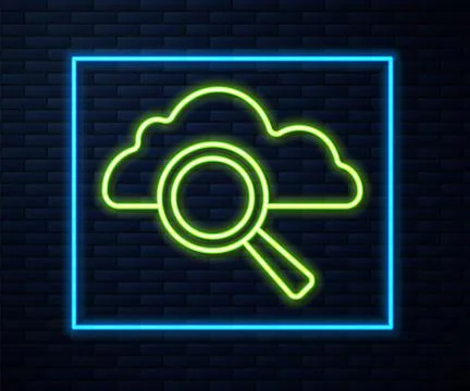 Glowing neon line Search cloud computing icon isolated on brick wall background Stock Illustration