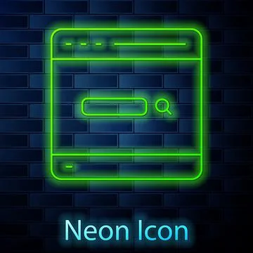 Glowing neon line Search engine icon isolated on brick wall background. Vector イラスト素材