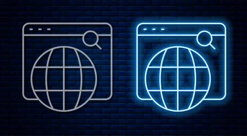 Glowing neon line Search engine icon isolated on brick wall background. Vector 库存插图