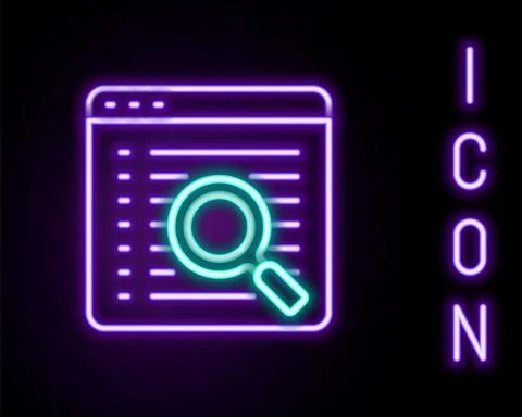 Glowing neon line Search engine icon isolated on black background. Colorful Illustrazione stock