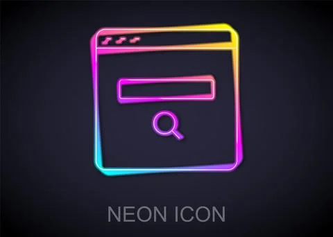 Glowing neon line Search engine icon isolated on black background. Vector Illustrazione stock