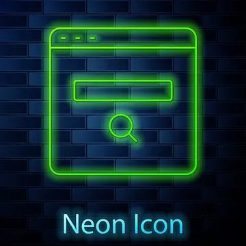 Glowing neon line Search engine icon isolated on brick wall background. Vecto Stock Illustration