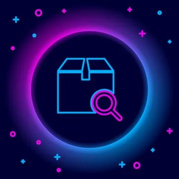 Glowing neon line Search package icon isolated on black background. Parcel tr Stockillustratie