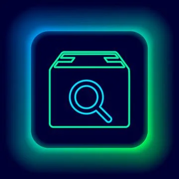 Glowing neon line Search package icon isolated on black background. Parcel 库存插图