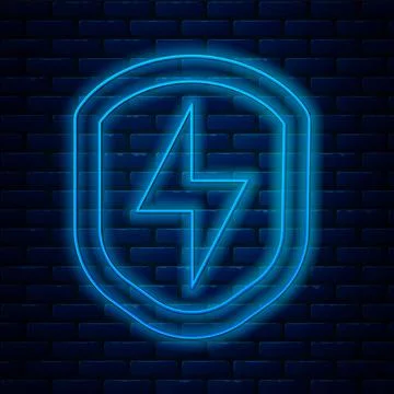 Glowing neon line Secure shield with lightning icon isolated on brick wall .. Stock Illustration