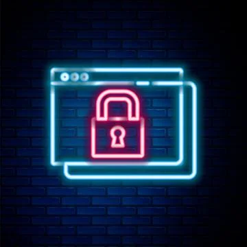 Glowing neon line Secure your site with HTTPS, SSL icon isolated on brick w.. 스톡 일러스트