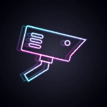 Glowing neon line Security camera icon isolated on black background. Vector Stock Illustration