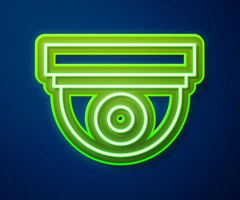 Glowing neon line Security camera icon isolated on blue background. Vector Illustrazione stock