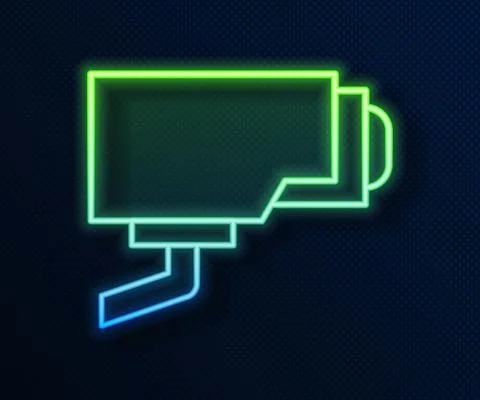 Glowing neon line Security camera icon isolated on blue background. Vector Stock Illustration