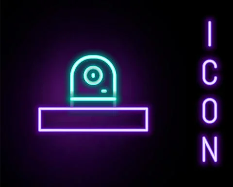 Glowing neon line Security camera icon isolated on black background. Colorful Illustrazione stock