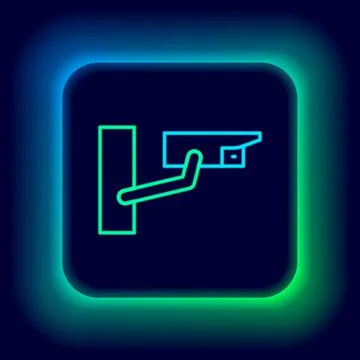 Glowing neon line Security camera icon isolated on black background. Colorful Illustrazione stock