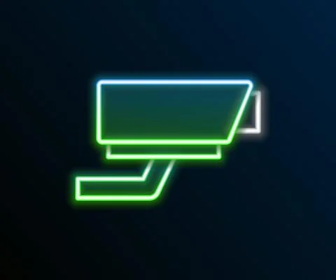 Glowing neon line Security camera icon isolated on black background. Colorful Illustrazione stock
