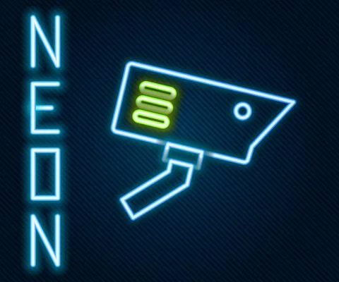Glowing neon line Security camera icon isolated on black background. Colorful Illustrazione stock