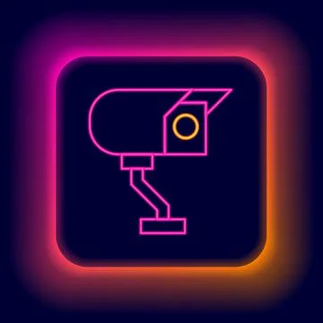Glowing neon line Security camera icon isolated on black background. Colorful Illustrazione stock