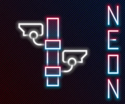 Glowing neon line Security camera icon isolated on black background. Colorful Stock Illustration