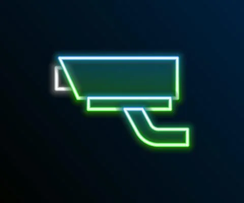 Glowing neon line Security camera icon isolated on black background. Colorful Illustrazione stock