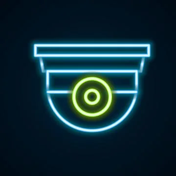 Glowing neon line Security camera icon isolated on black background. Colorful Illustrazione stock