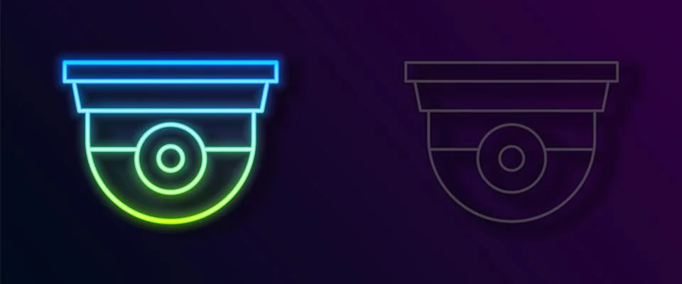 Glowing neon line Security camera icon isolated on black background. Vector Illustrazione stock