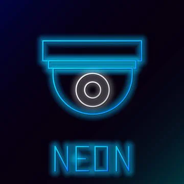 Glowing neon line Security camera icon isolated on black background. Colorful Illustrazione stock