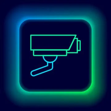 Glowing neon line Security camera icon isolated on black background. Colorful Stock Illustration