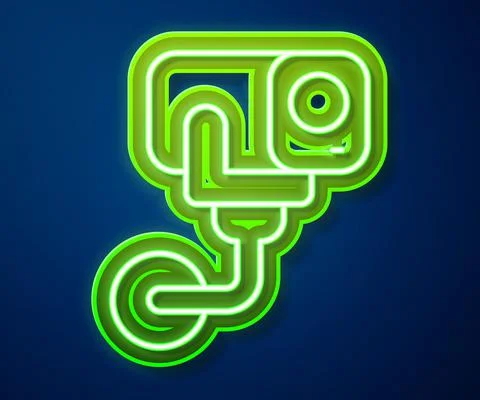 Glowing neon line Security camera icon isolated on blue background. Vector Stock Illustration
