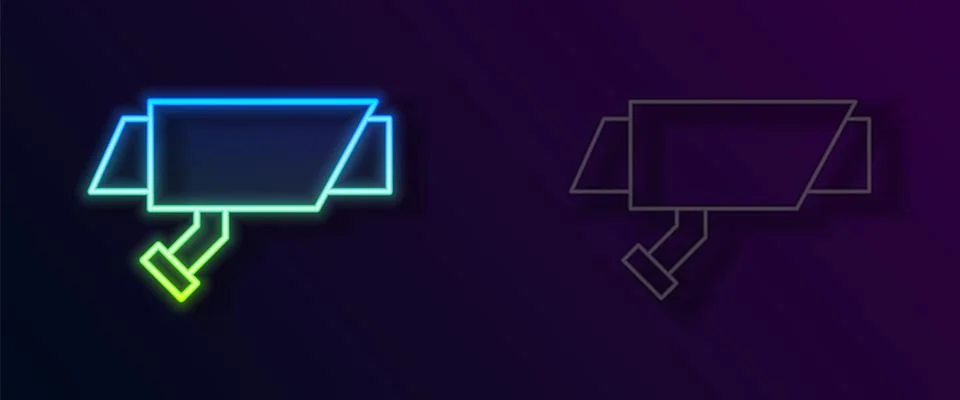 Glowing neon line Security camera icon isolated on black background. Vector Illustrazione stock
