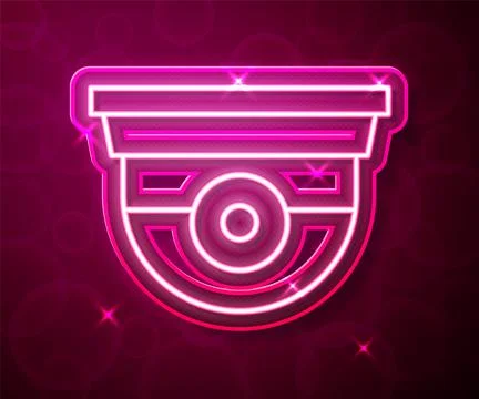 Glowing neon line Security camera icon isolated on red background.  Vector Stock Illustration