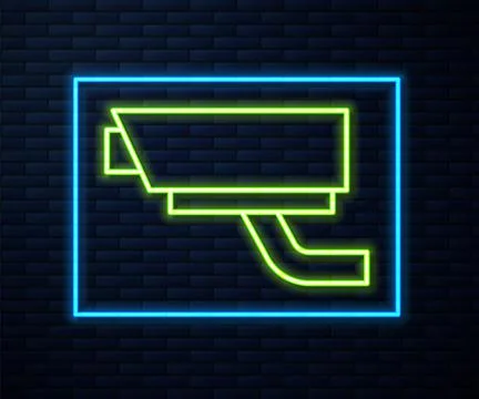 Glowing neon line Security camera icon isolated on brick wall background.  Ve Illustrazione stock
