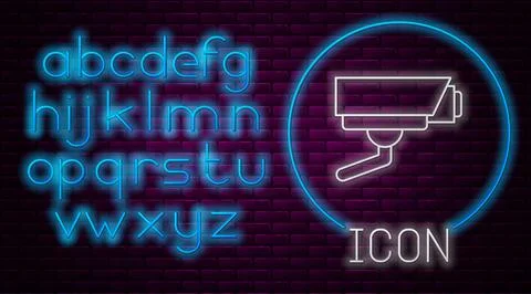 Glowing neon line Security camera icon isolated on brick wall background. Neo Stock Illustration