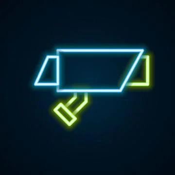 Glowing neon line Security camera icon isolated on black background. Colorful Illustrazione stock