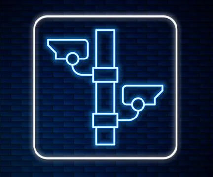 Glowing neon line Security camera icon isolated on brick wall background. Vector Stock Illustration