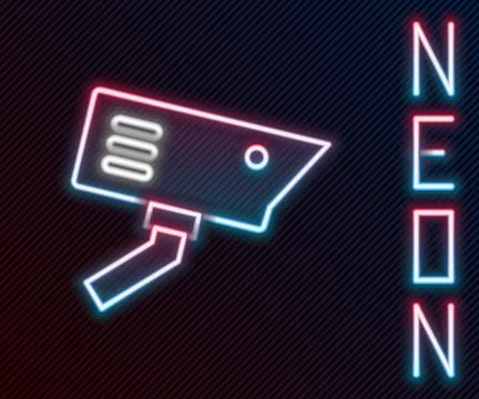 Glowing neon line Security camera icon isolated on black background. Colorful Illustrazione stock
