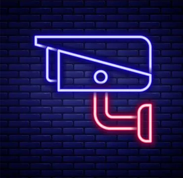 Glowing neon line Security camera icon isolated on brick wall background Stock Illustration