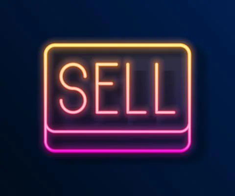 Glowing neon line Sell button icon isolated on black background. Financial and Stock Illustration