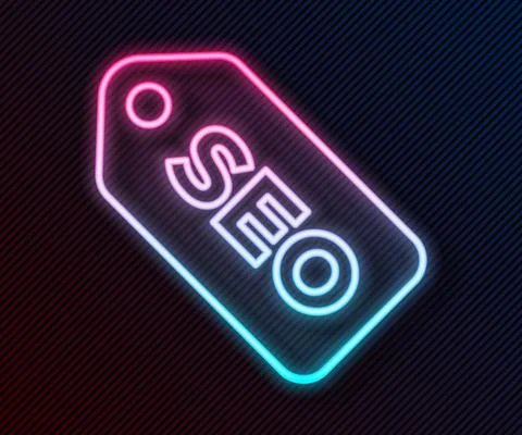 Glowing neon line SEO optimization icon isolated on black background. Vector Illustrazione stock