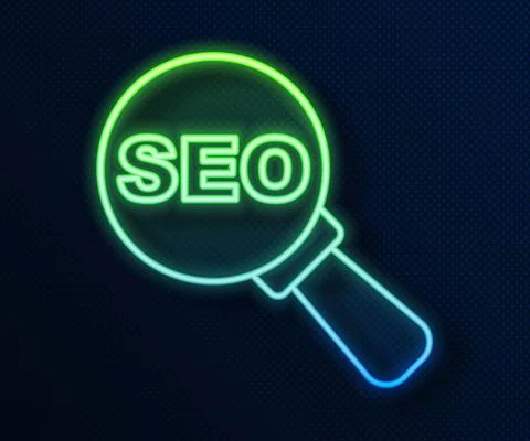 Glowing neon line SEO optimization icon isolated on blue background. Vector Illustrazione stock