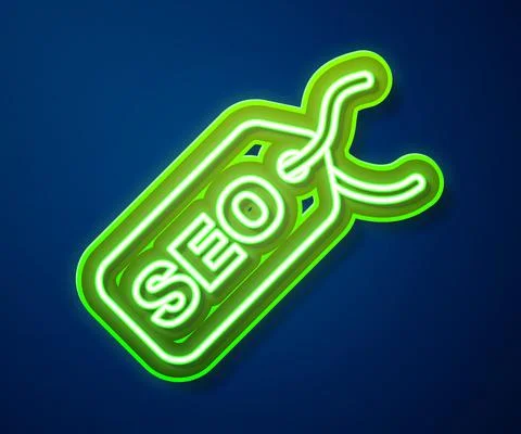 Glowing neon line SEO optimization icon isolated on blue background. Vector イラスト素材