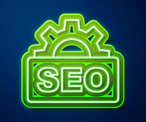 Glowing neon line SEO optimization icon isolated on blue background. Vector Illustrazione stock