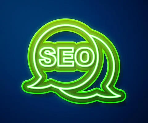 Glowing neon line SEO optimization icon isolated on blue background. Vector Stock Illustration
