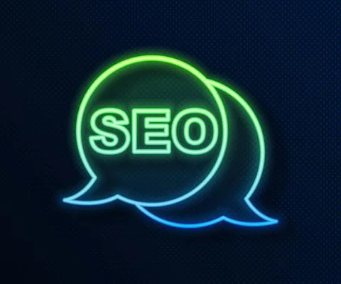 Glowing neon line SEO optimization icon isolated on blue background. Vector Illustrazione stock