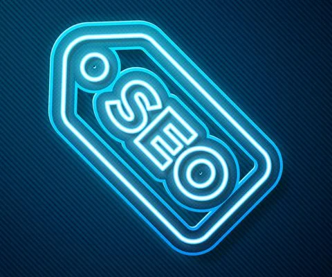 Glowing neon line SEO optimization icon isolated on blue background. Vector Illustrazione stock