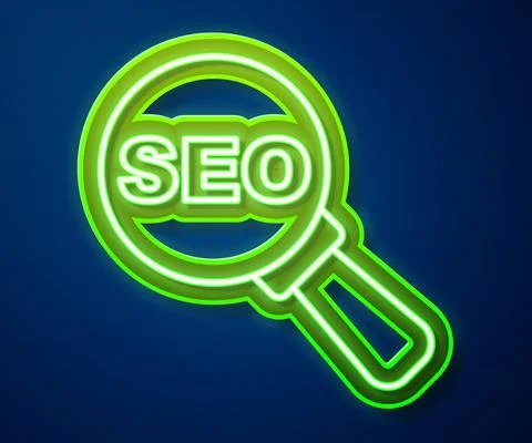 Glowing neon line SEO optimization icon isolated on blue background. Vector イラスト素材
