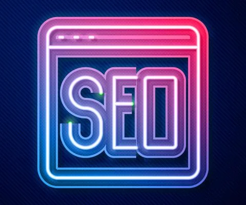 Glowing neon line SEO optimization icon isolated on blue background. Vector Illustrazione stock