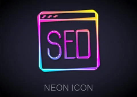 Glowing neon line SEO optimization icon isolated on black background. Vector Stock Illustration