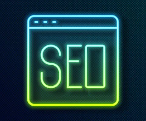 Glowing neon line SEO optimization icon isolated on black background. Vector Stock Illustration