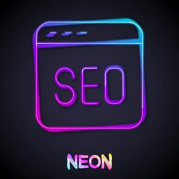 Glowing neon line SEO optimization icon isolated on black background. Vector Illustrazione stock