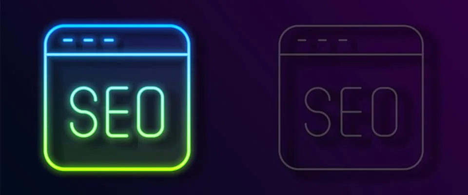 Glowing neon line SEO optimization icon isolated on black background.  Vector イラスト素材