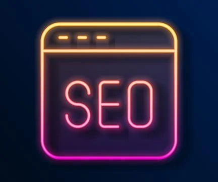 Glowing neon line SEO optimization icon isolated on black background. Vector Stock Illustration