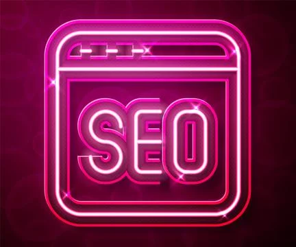 Glowing neon line SEO optimization icon isolated on red background. Vector イラスト素材
